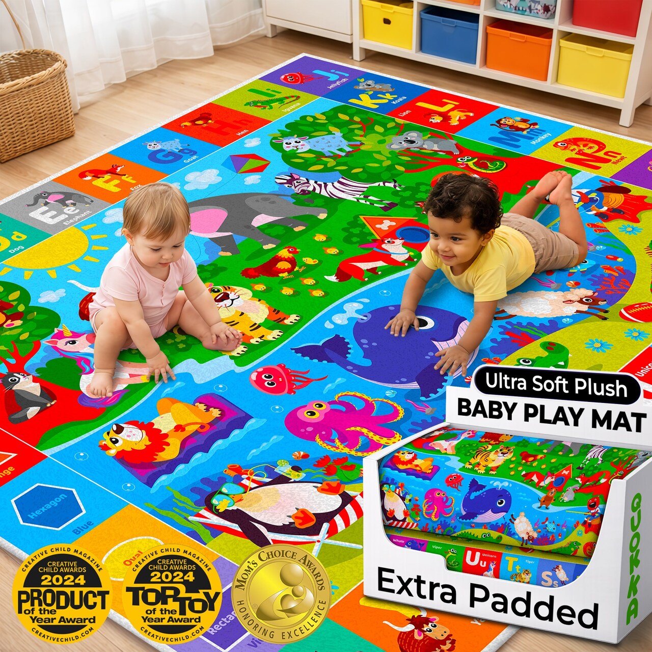 QUOKKA Baby Play Mat for Floor - Super Soft Plush Surface ABC Playmat for Toddlers & Infants - Extra Thick (0.8cm) Large Padded Non-Slip Rug for Crawling & Playing - Foldable Gift Mat